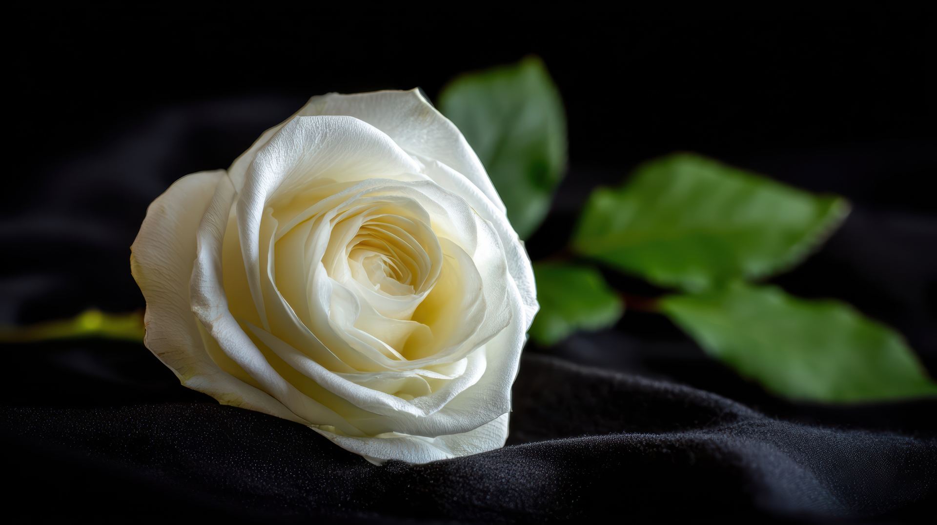 Rose blanche délicate posée sur un tissu sombre
